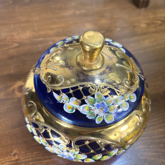 Vintage Cobalt Blue Glass Vanity Jar with Lid Gold Enamel Floral Bohemian Jar - Picture 8 of 14